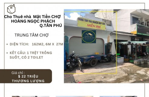 Cho thuê nhà Mặt Tiền Chợ Tân Phú 162m2, 22Triệu, NGANG 6M